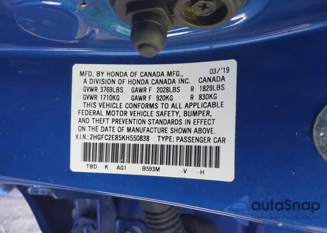 2019 Honda Civic Sport from USA, damaged, VIN 2HGFC2E85KH550838